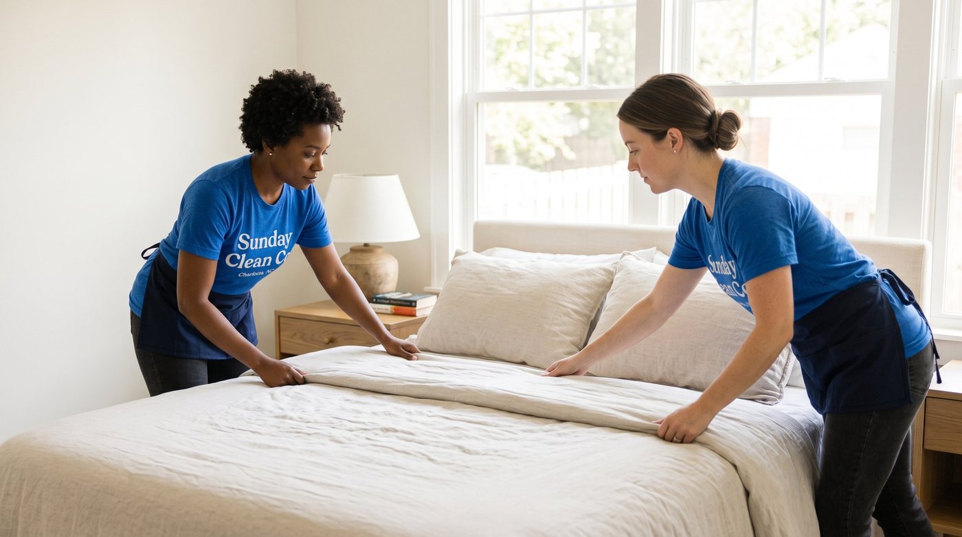 Two Sunday Clean Co. pros making a bed with fresh linens in a Charlotte home