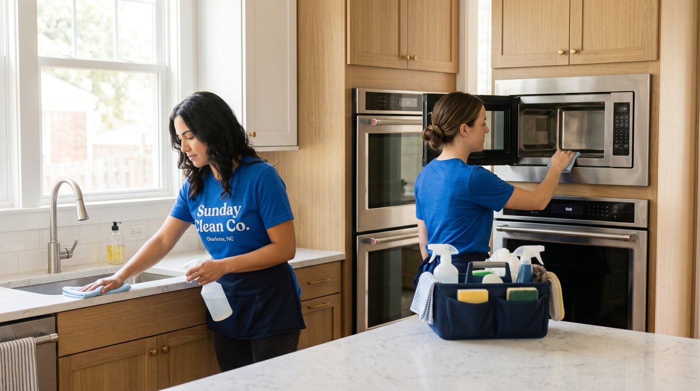 A Sunday Clean Co. pro wiping down counters and the microwave in a Charlotte kitchen