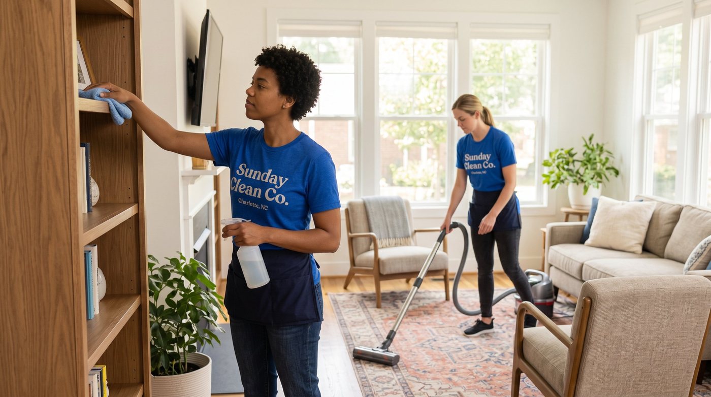Sunday Clean Co. pros dusting shelves and vacuuming a Charlotte living room